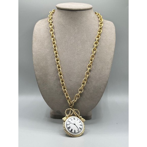 Vintage Clock Necklace Ceramic Pendant Textured Chunky Chain Statement Jewelry - Picture 5 of 8